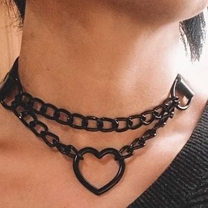 Heart PU Leather Black Chain Collar Necklace  1975
